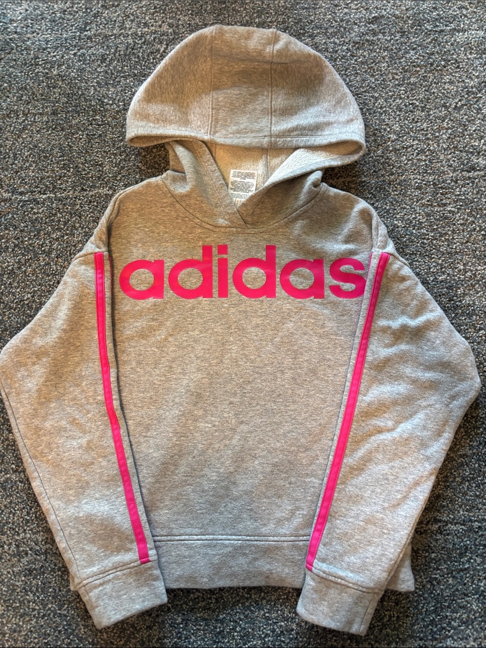 adidas Gray Hoodie with Bright Pink Logo and Sleeve Stripes